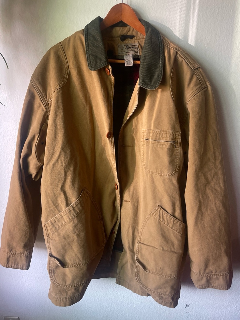 Vintage LL Bean Tan Button Up Chore Jacket Duck Canvas Plaid Lined - XXL